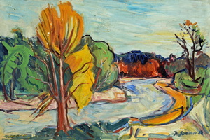 Werkverzeichnis Nr. 163, 1958, An der Isar, Öl auf Karton, 48,5 x 74,6 cm, bez. u.r.: K. Sommer 58 